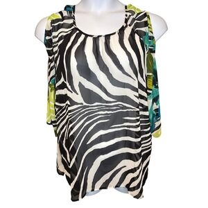 Chicos Womens Zebra Black White Teal Floral Blouse Sz 3/XL Boho Resort Tropical